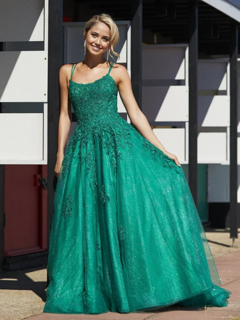 A Line Green Lace Long Prom Dresses Formal Evening Dresses