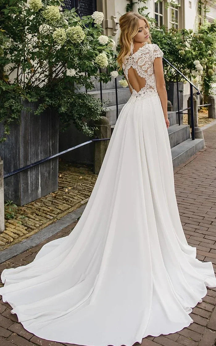 A Line Elegant Lace Bateau Court Train Satin Wedding Dress with Ruching