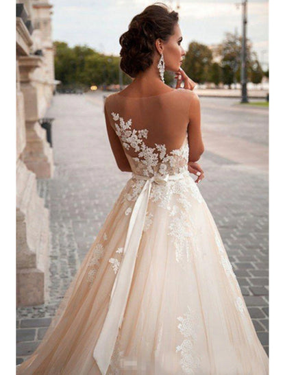 Verlobungs-Brautkleider mit offenem Rücken, Ballkleid, Illusionsausschnitt, ärmellos, Hofschleppe, Satin-Brautkleider mit Applikationen