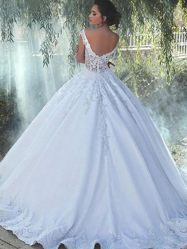 Ball Gown Spaghetti Straps Sleeveless Floor-Length With Applique Tulle Wedding Dresses