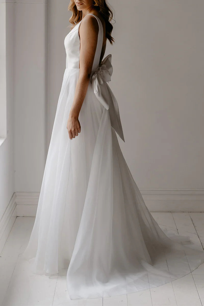 A Line Deep V Neck Open Back Simple Boho Wedding Dress