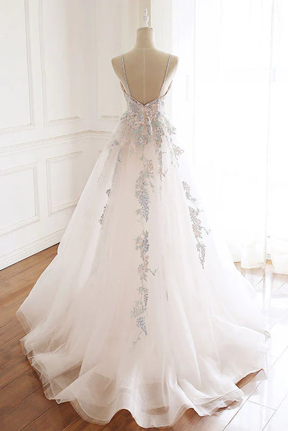 V neck tulle lace long prom dress