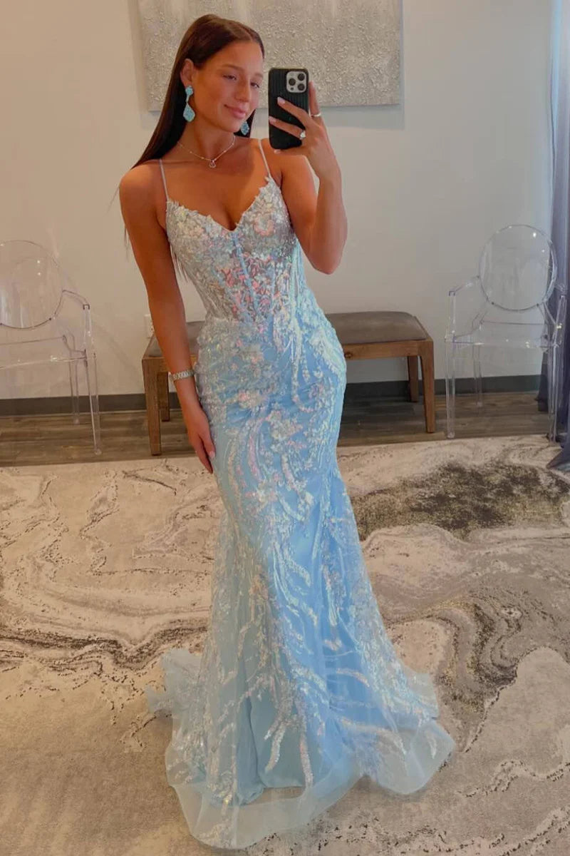 Vestido de fiesta con escote en V, tirantes de sirena y apliques de lentejuelas