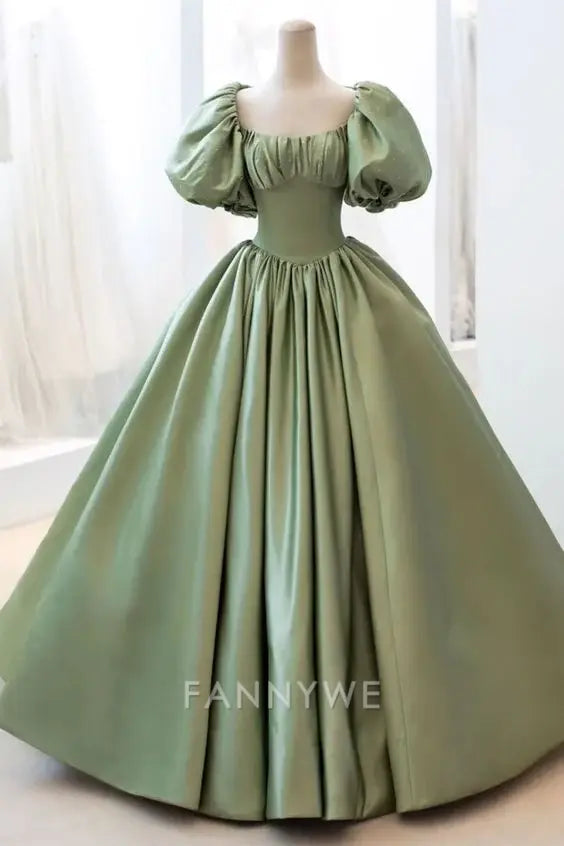 A-Line Puff Sleeves Satin Green Long formal dresses Bridesmaid Dresses evening gown Prom Dress