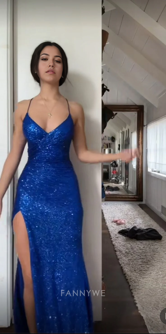 Etuikleid mit Trägern und Pailletten, glänzend, Königsblau, lange Abendkleider, Brautjungfernkleider, Abendkleid, Ballkleid 