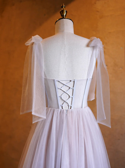 A-line Corset Applique Tulle Bow Straps sweep train Long Prom Dress