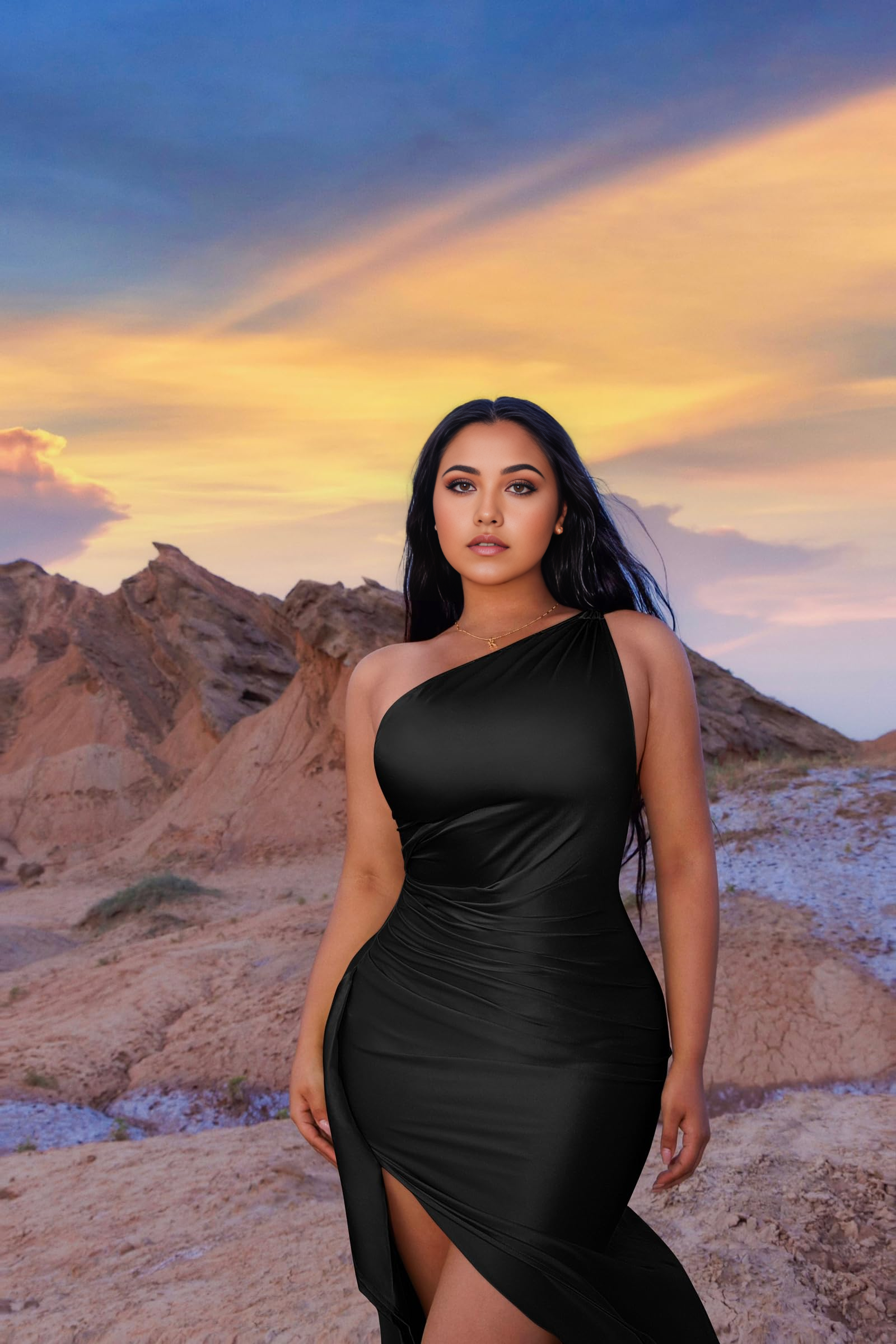 Plus Size Sheath One Shoulder Satin Sexy High Split formal dresses evening gown Prom Dress