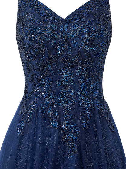 A-line Floor Length Glitter Tulle Prom Dress