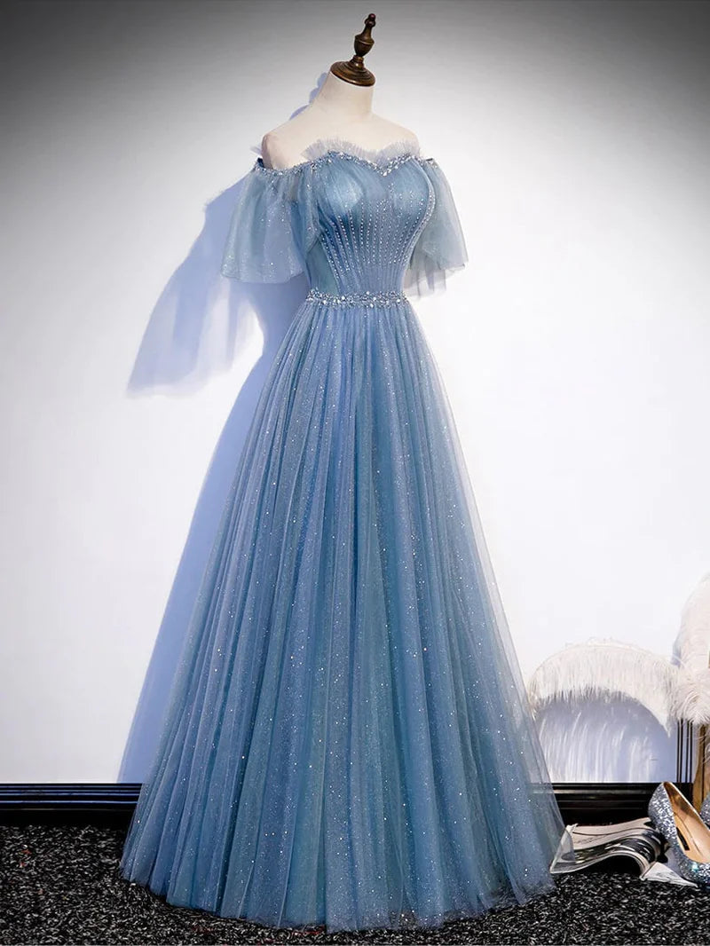 Sweetheart V Neck Tulle Flare Sleeves Beaded Sequin Prom Dresses Formal Evening Dresses