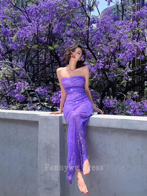 Mermaid Spaghetti Straps Sequins Purple Long formal dresses Bridesmaid Dresses evening gown Prom Dress