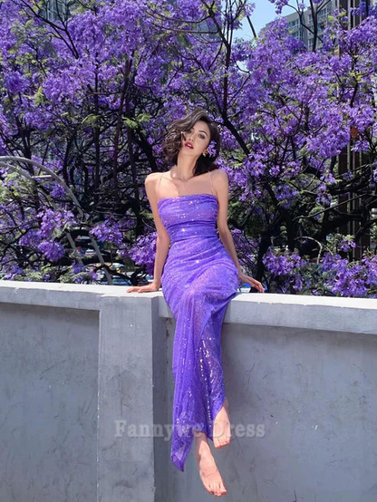 Meerjungfrau Spaghettiträger Pailletten Lila Lange Abendkleider Brautjungfernkleider Abendkleid Ballkleid