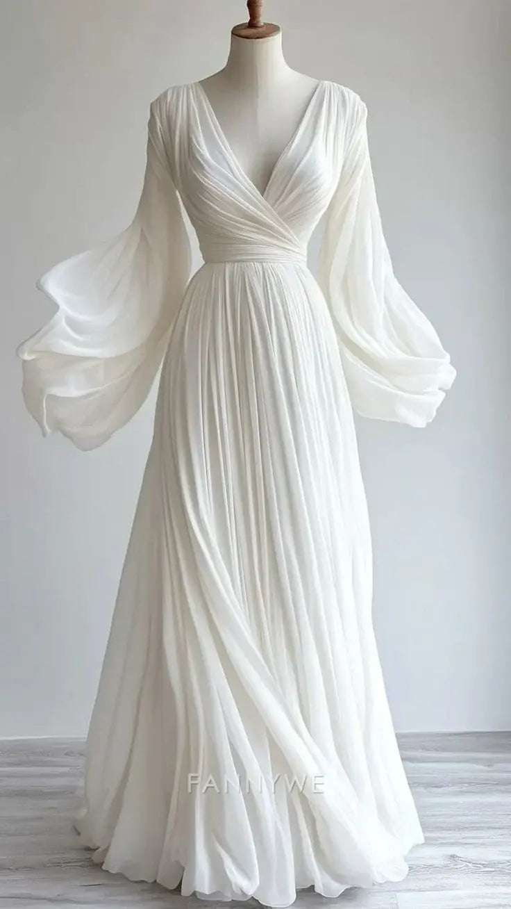 Vestido largo formal blanco de gasa con mangas largas y corte A para dama de honor, vestido de noche, vestido de fiesta 