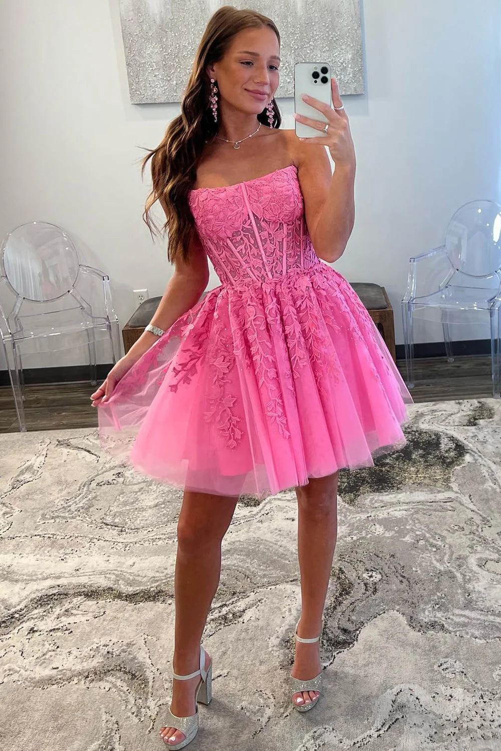 Vestido de fiesta de tul con encaje y apliques en forma de A