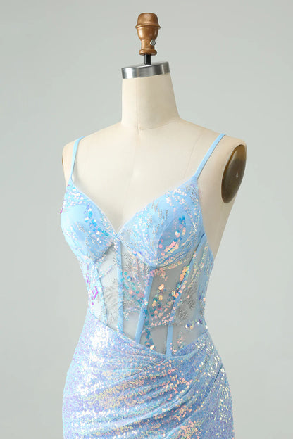 Glitter Tight Spaghetti Straps Short Homecoming Dress with Sequins