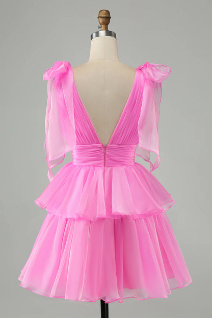 A Line V Neck Pleated Tiered Short Homecoming Dress