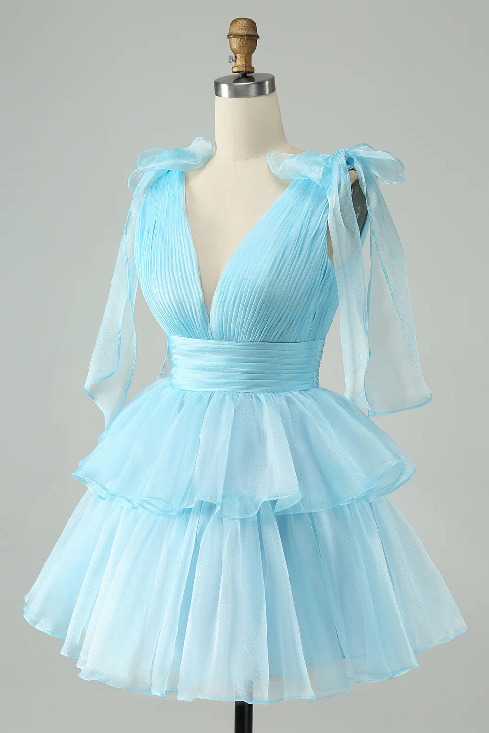 A Line V Neck Pleated Tiered Short Homecoming Dress