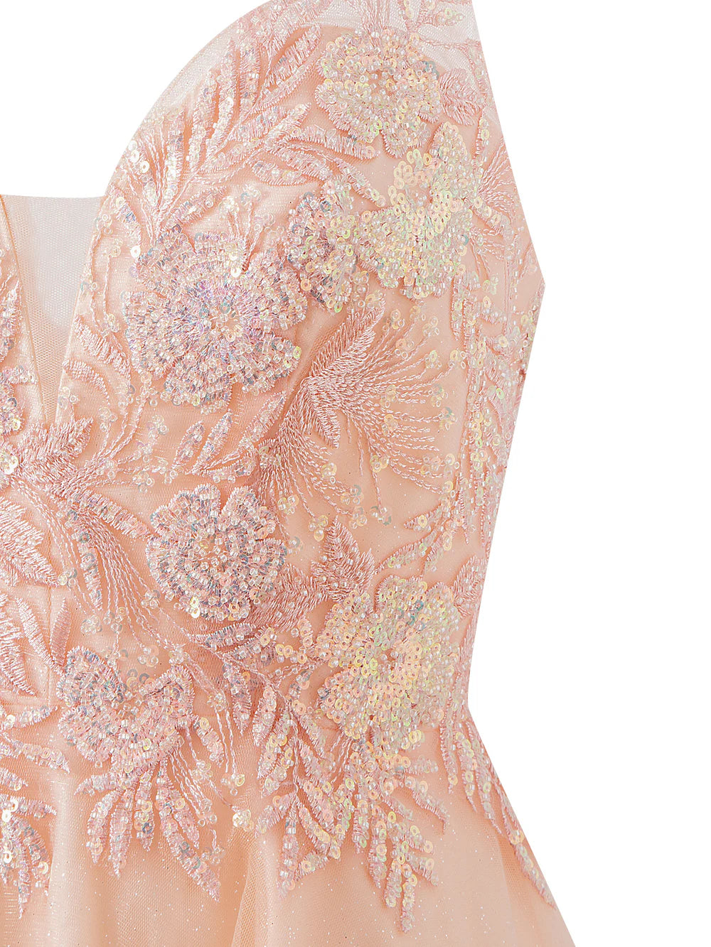 Vestido largo de fiesta con cola de barrido, tirantes finos, tul, apliques y corsé en forma de A