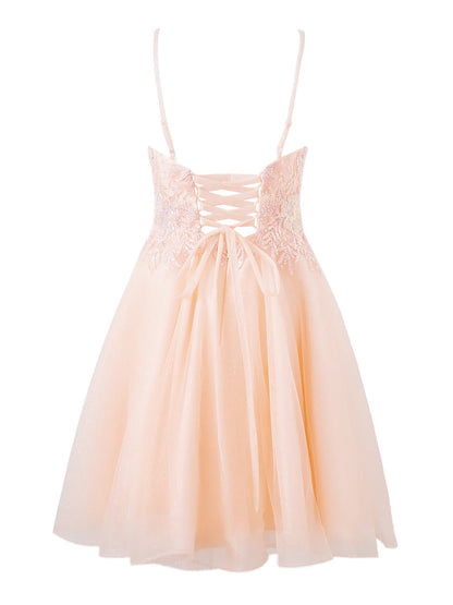 A-line Corset Applique Tulle Bow Straps sweep train Long Prom Dress Homecoming Dresses