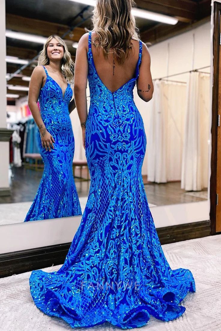 Mermaid shiny V neck bodycon long elegant sequin Blue formal dresses Bridesmaid Dresses evening gown Prom Dress