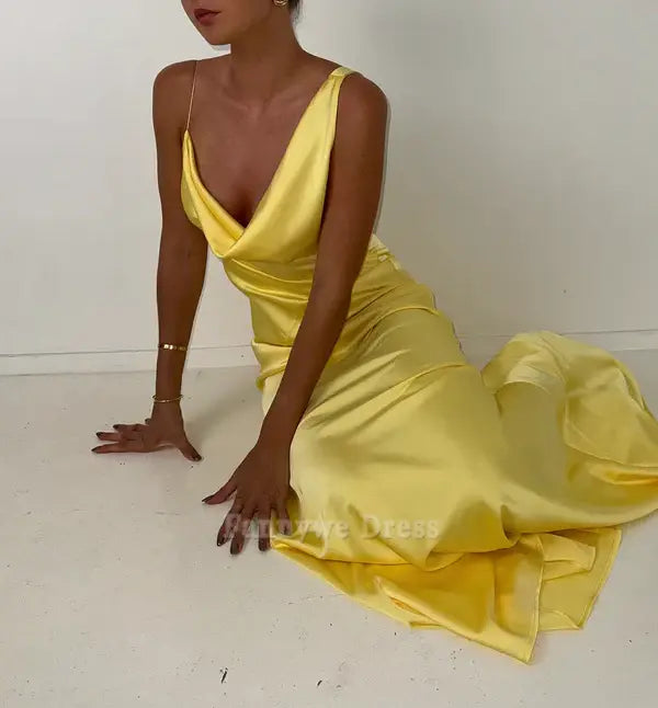 Sheath Simple Straps Satin Yellow Long formal dresses Bridesmaid Dresses evening gown Prom Dress
