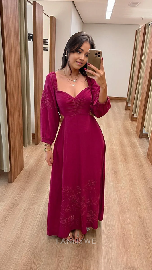 A-Linie Herzausschnitt Lange Ärmel Fuchsia Lange Abendkleider Brautjungfernkleider Abendkleid Ballkleid 