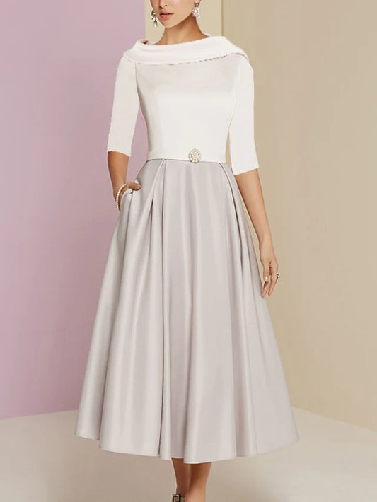 A-Line Neck Sleeve Tea Length Mother Of The Bride Dresses