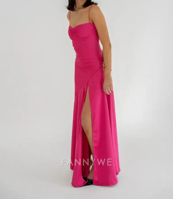 Sheath Simple Straps Hot Pink Satin Long formal dresses Bridesmaid Dresses evening gown Prom Dress