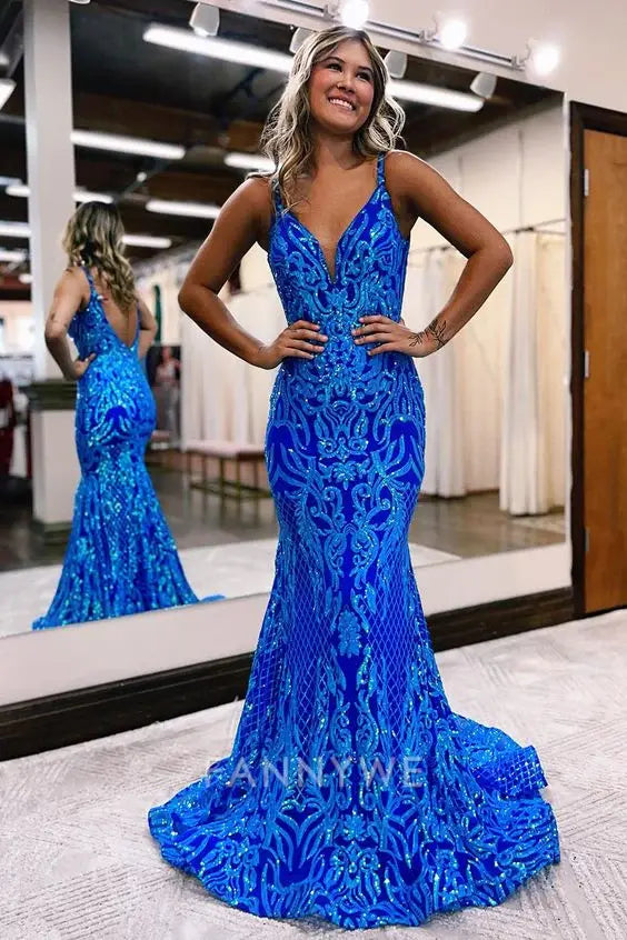 Mermaid shiny V neck bodycon long elegant sequin Blue formal dresses Bridesmaid Dresses evening gown Prom Dress