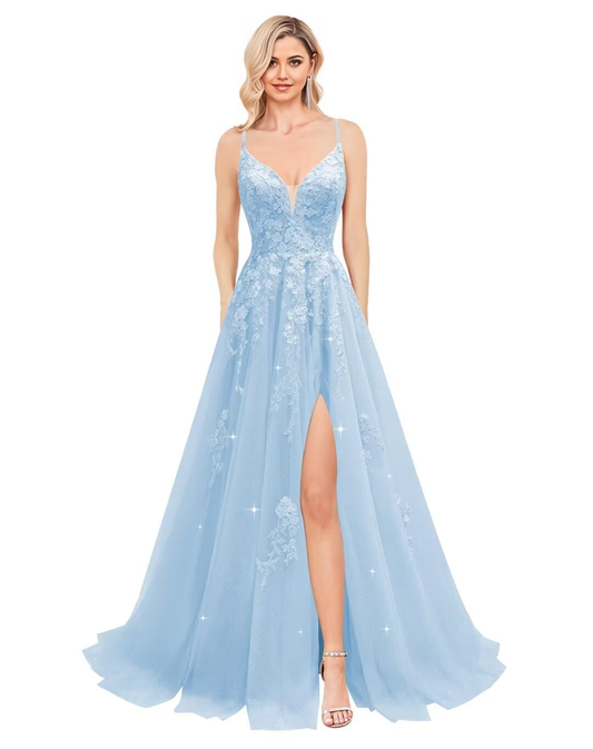 A-Linie Spaghettiträger Tüll Spitzenapplikationen Korsett Rückenfreie Abendkleider Brautjungfernkleider Abendkleid Ballkleid 