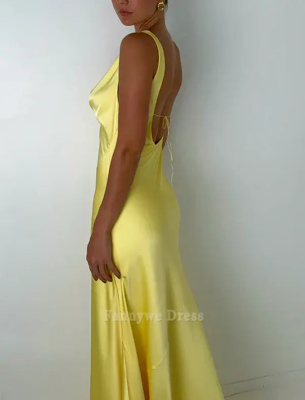 Sheath Simple Straps Satin Yellow Long formal dresses Bridesmaid Dresses evening gown Prom Dress