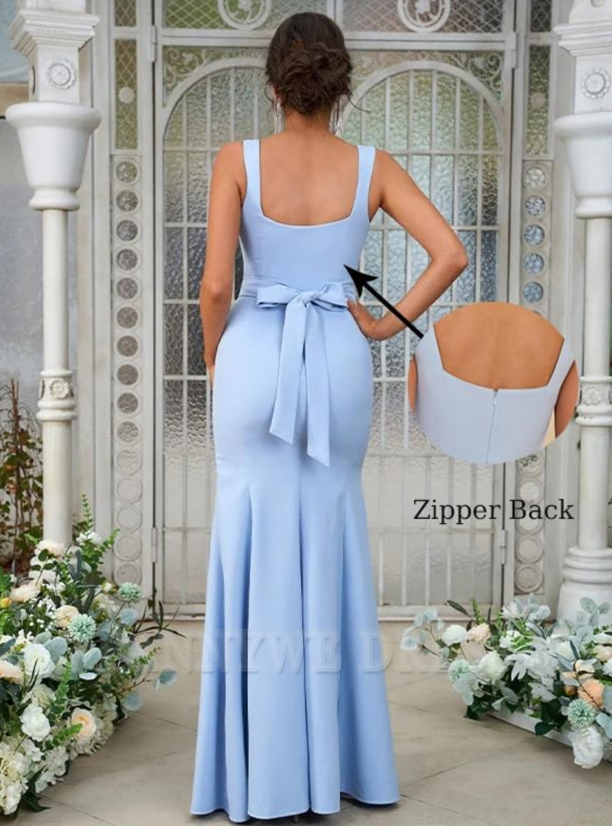 Mermaid Square Neck Satin formal dresses Bridesmaid Dresses evening gown Prom Dress with Slit