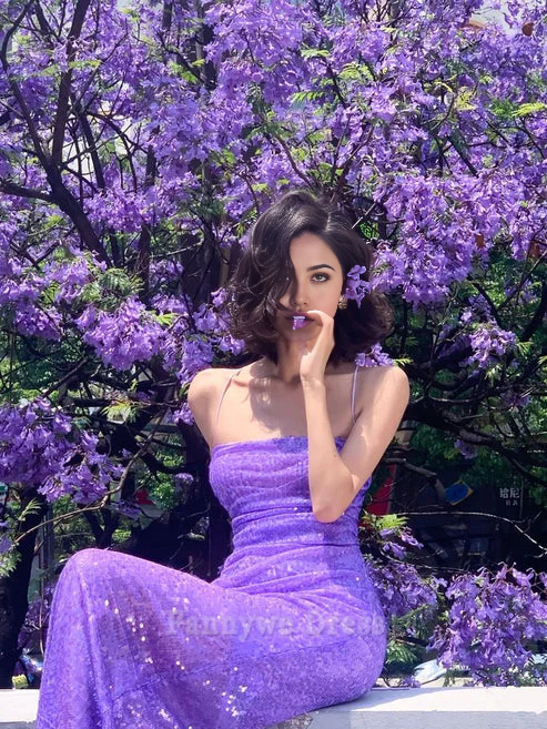 Meerjungfrau Spaghettiträger Pailletten Lila Lange Abendkleider Brautjungfernkleider Abendkleid Ballkleid