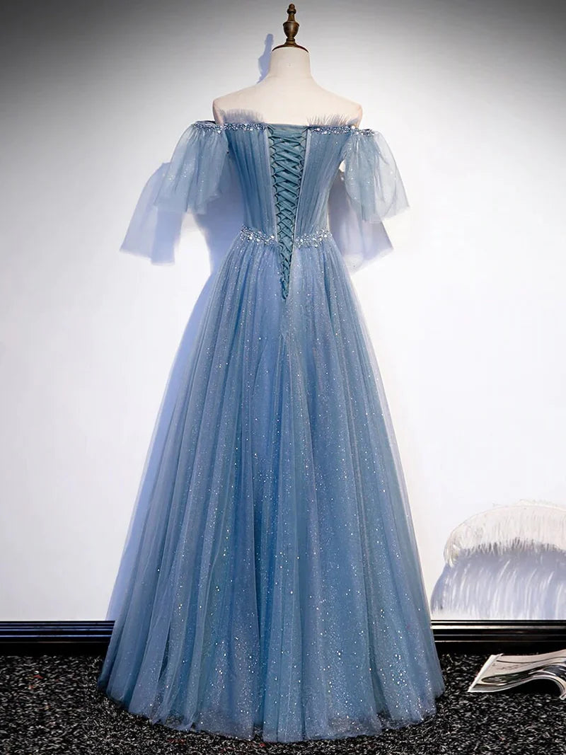 Sweetheart V Neck Tulle Flare Sleeves Beaded Sequin Prom Dresses Formal Evening Dresses