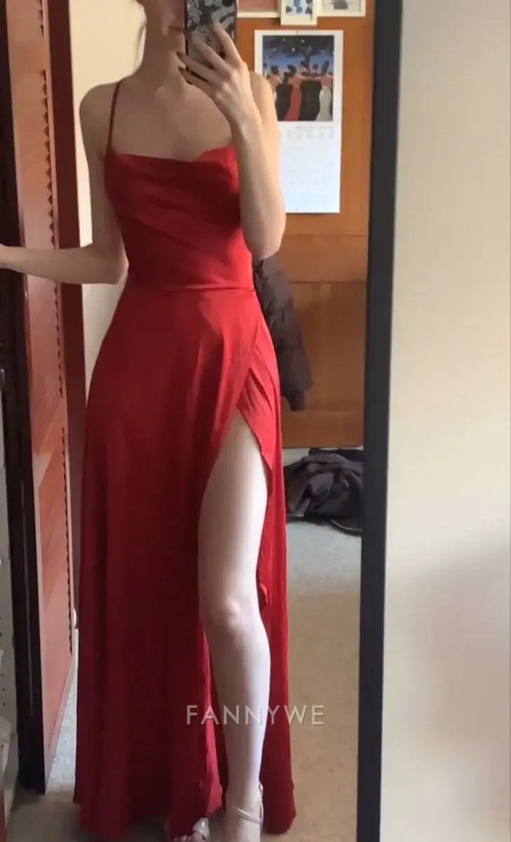 Sheath Simple Straps Red Long formal dresses Bridesmaid Dresses evening gown Prom Dress with Split