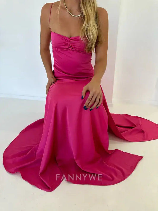 Etuikleid Einfache Träger Hot Pink Satin Lange Abendkleider Brautjungfernkleider Abendkleid Ballkleid 