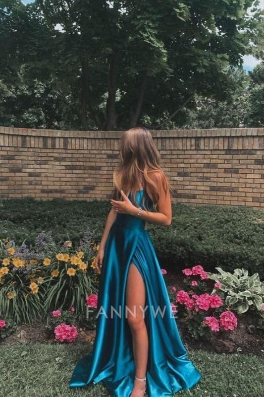 A-Linie Einfache Spaghettiträger Blau Lange Abendkleider Brautjungfernkleider Abendkleid Ballkleid mit Schlitz 