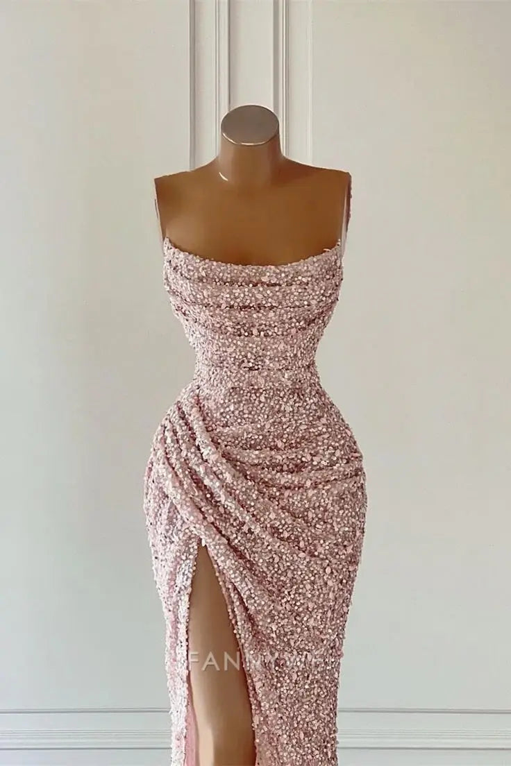 Mermaid Sequined Sleeveless Pink formal dresses Bridesmaid Dresses evening gown Prom Dress With Slit