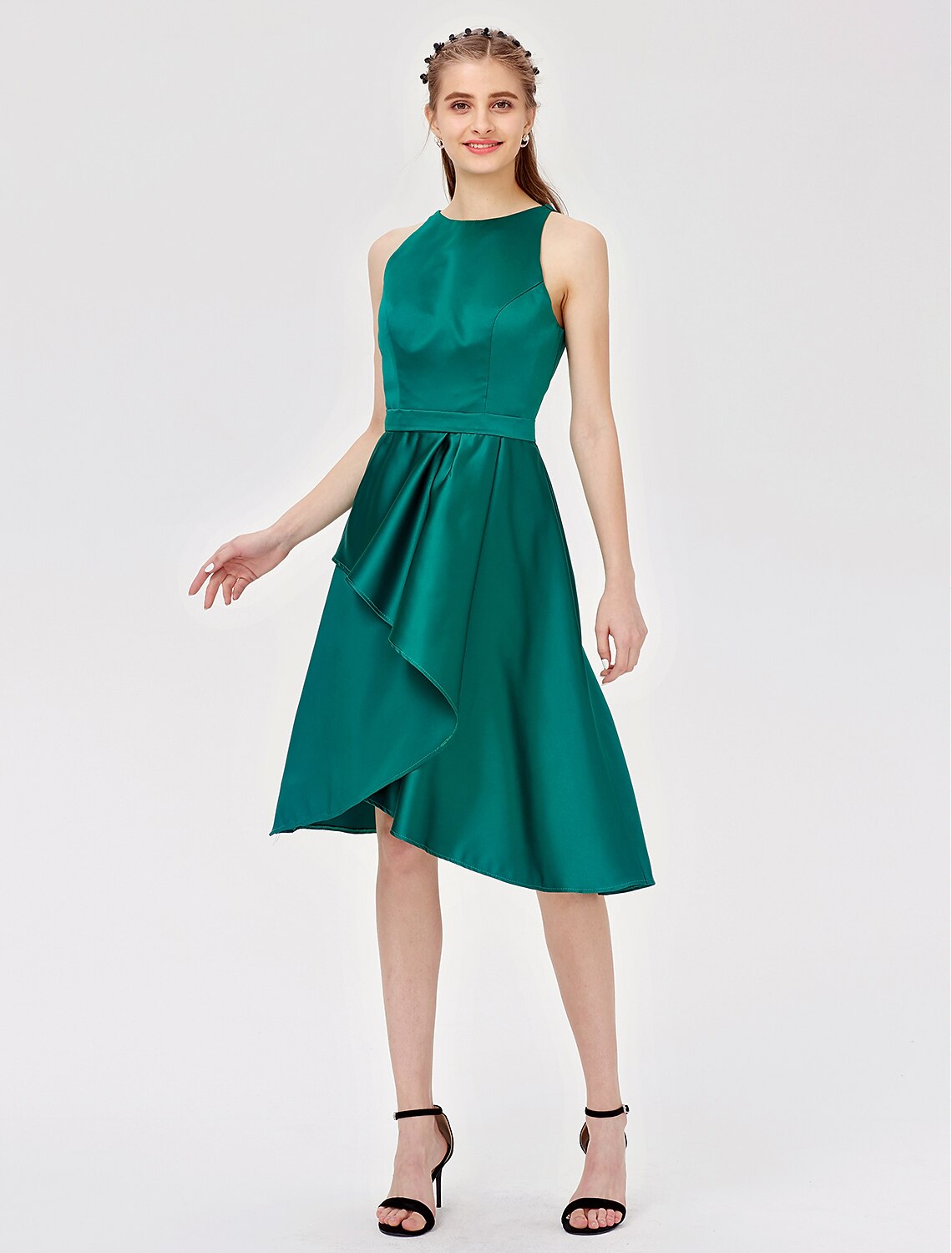 Vestido de dama de honor estilo princesa/línea A, escote joya, sin mangas, de satén asimétrico con faja/cinta/plisado