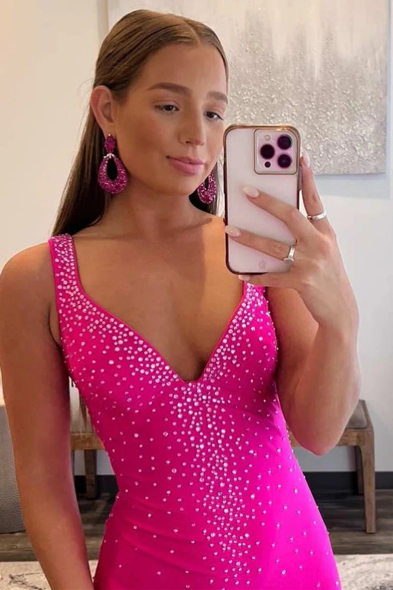 Vestido de fiesta de satén con cuentas y escote en V de sirena con espalda cruzada