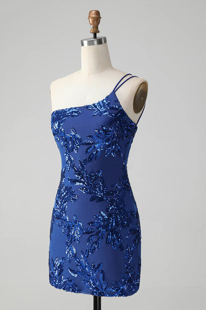 Sparkly Bodycon One Shoulder Sequins Homecoming Dress with Embroidery