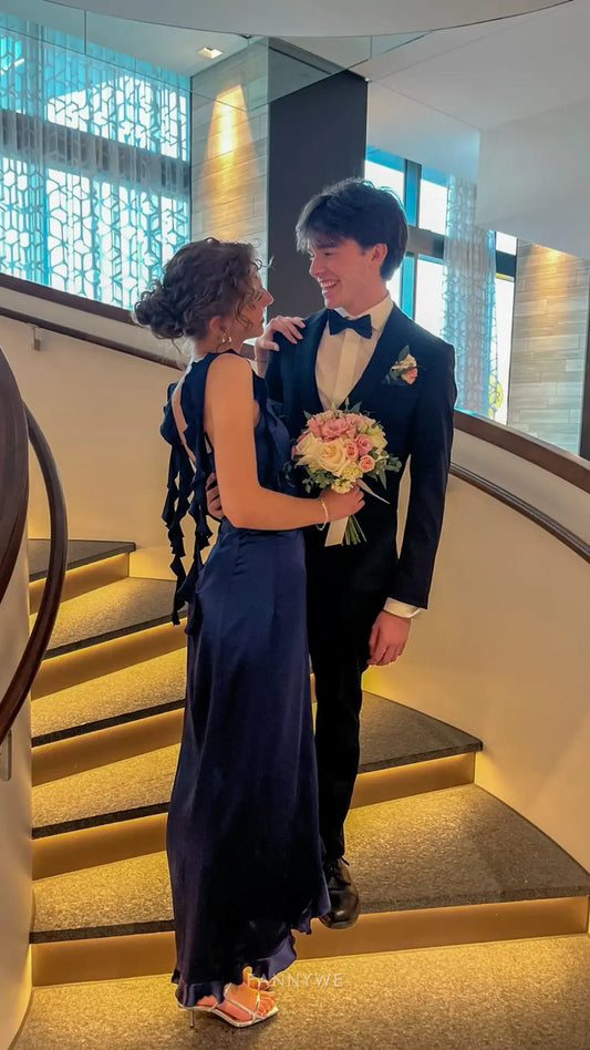 A-Linie Einfache Träger Rüschen Satin Marineblau Lange Abendkleider Brautjungfernkleider Abendkleid Ballkleid