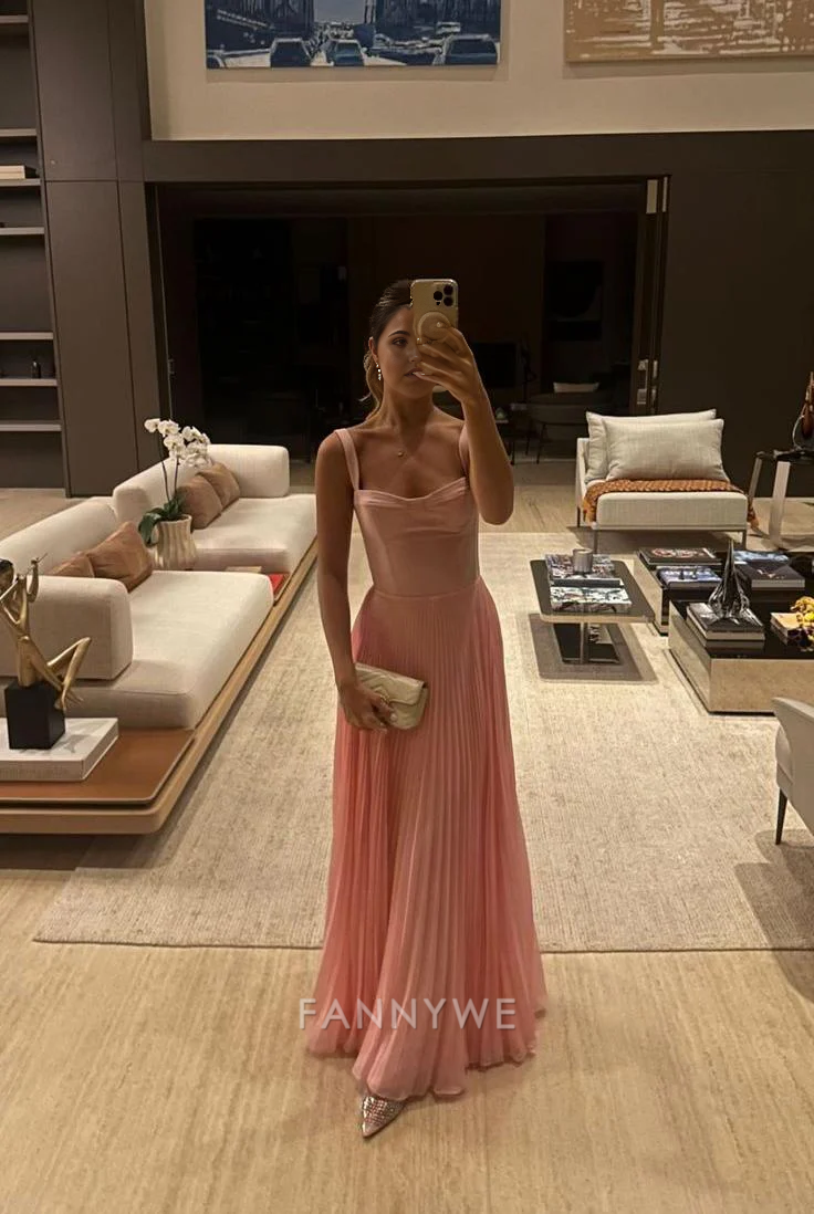 A-Line Spaghetti Straps Pink Long formal dresses Bridesmaid Dresses evening gown Prom Dress