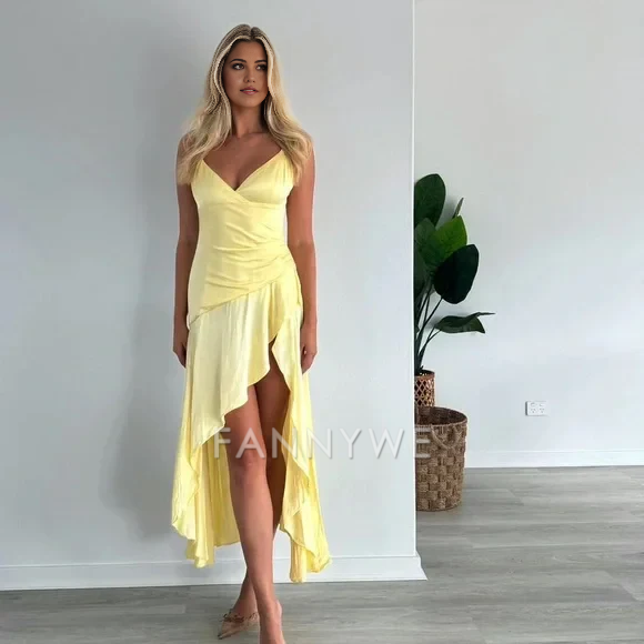 A-line V-Neck Spaghetti Straps High-Low Yellow formal dresses Bridesmaid Dresses evening gown Prom Dress