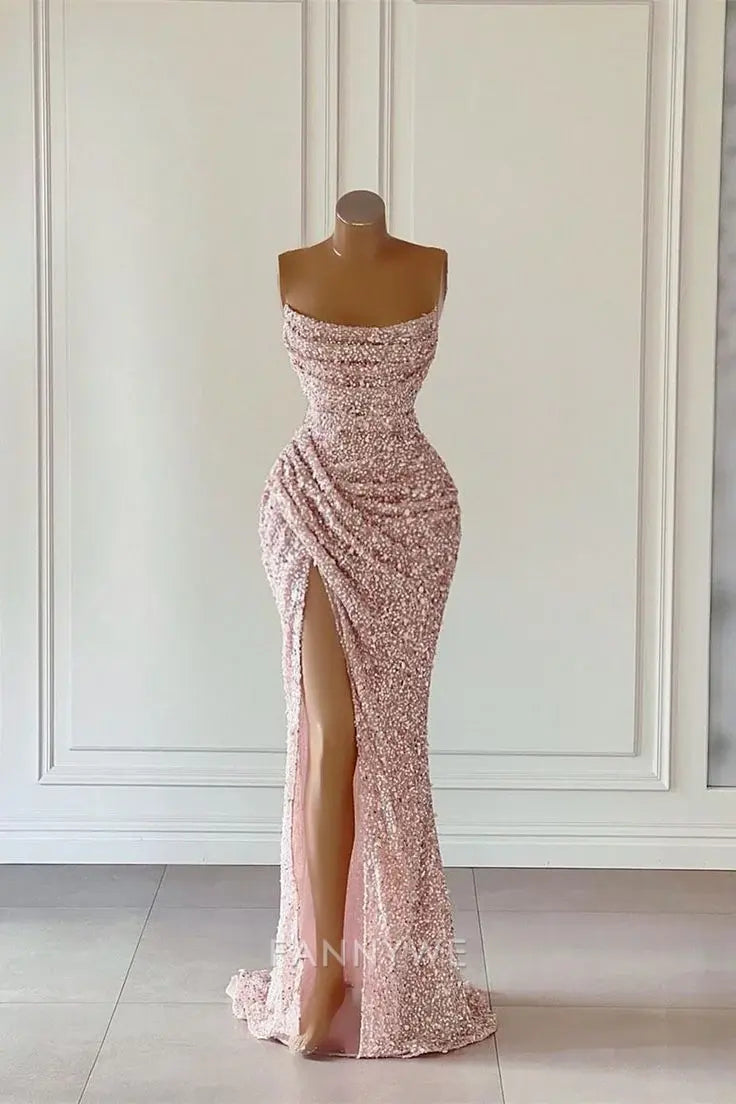 Mermaid Sequined Sleeveless Pink formal dresses Bridesmaid Dresses evening gown Prom Dress With Slit