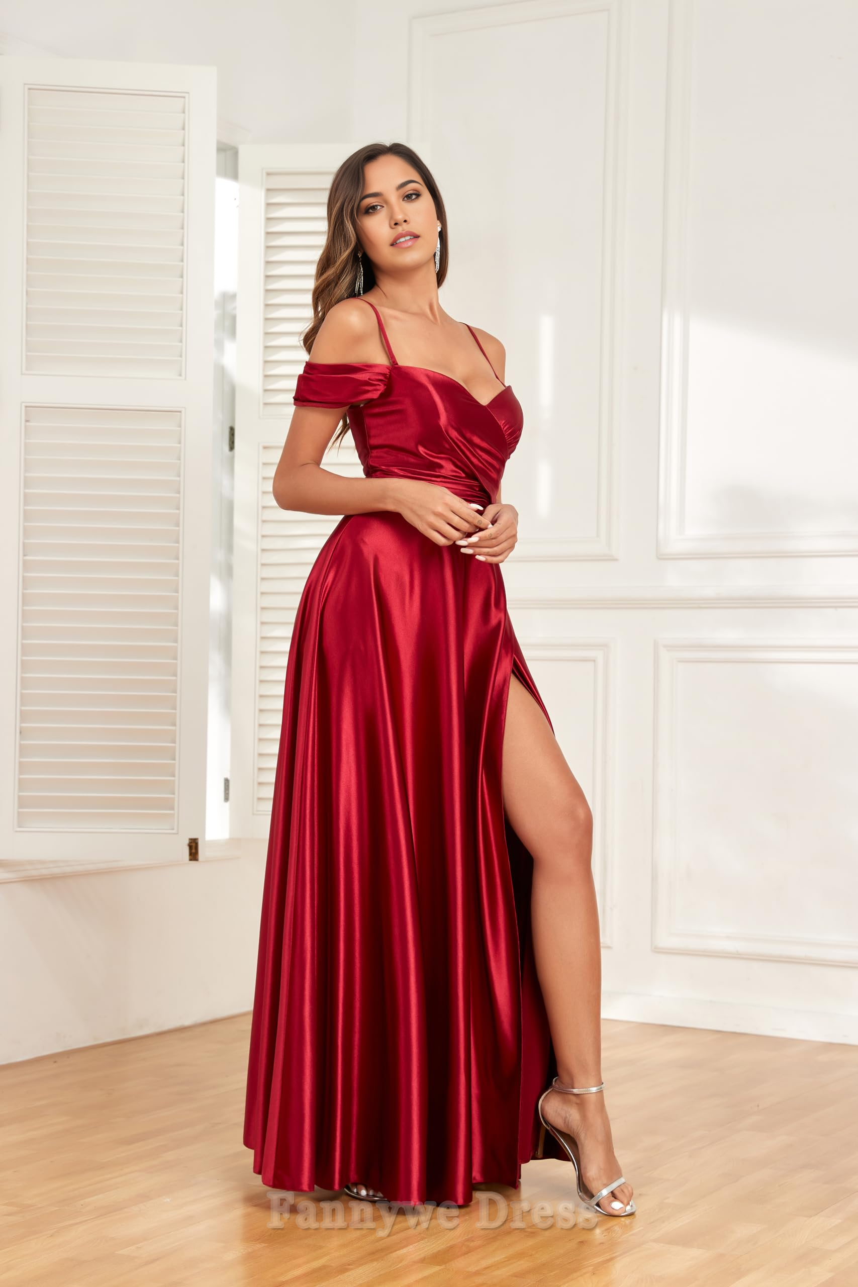 A Line Off Shoulder Spaghetti Strap Long Ruched Satin formal dresses evening gown Prom Dress with Slit