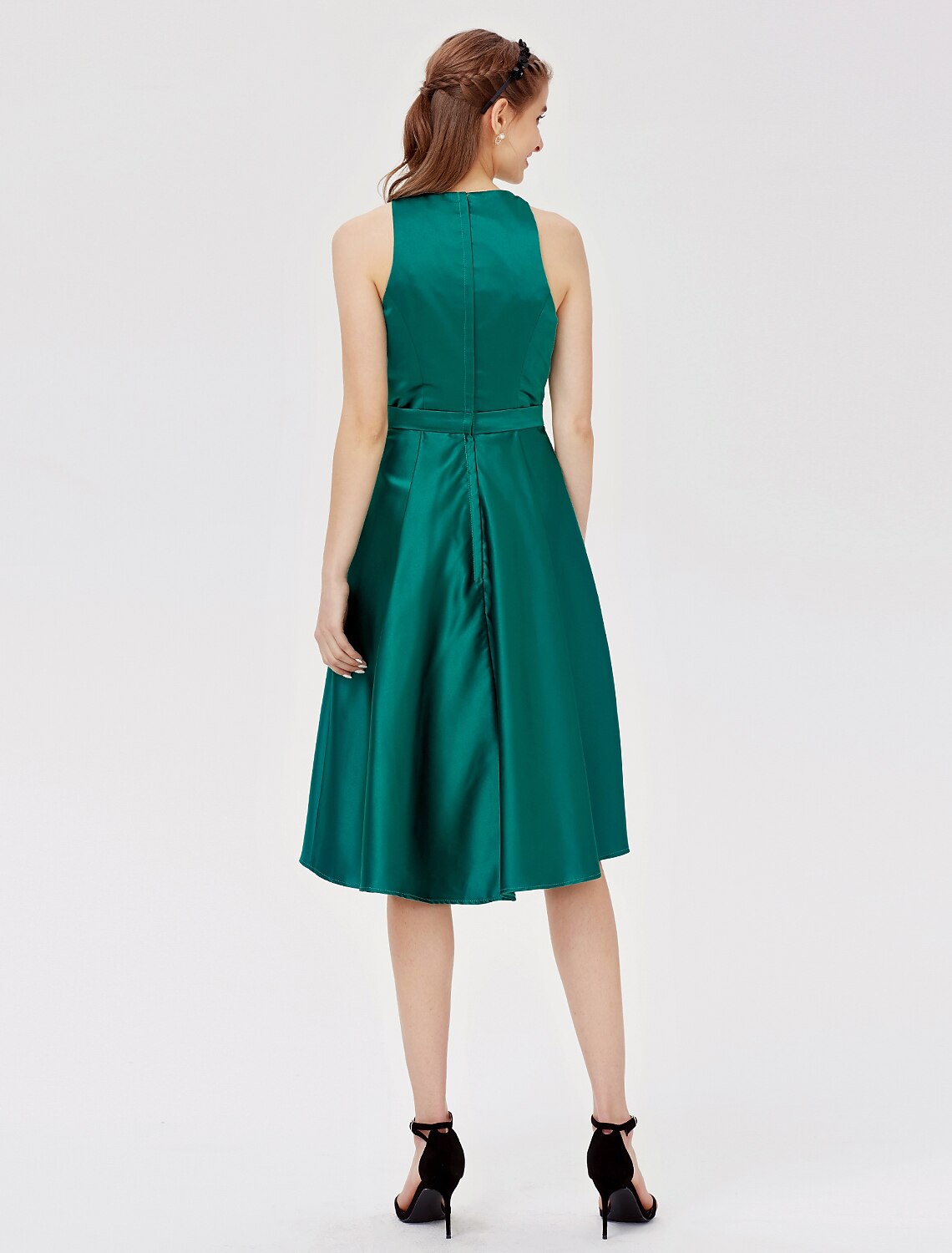 Vestido de dama de honor estilo princesa/línea A, escote joya, sin mangas, de satén asimétrico con faja/cinta/plisado