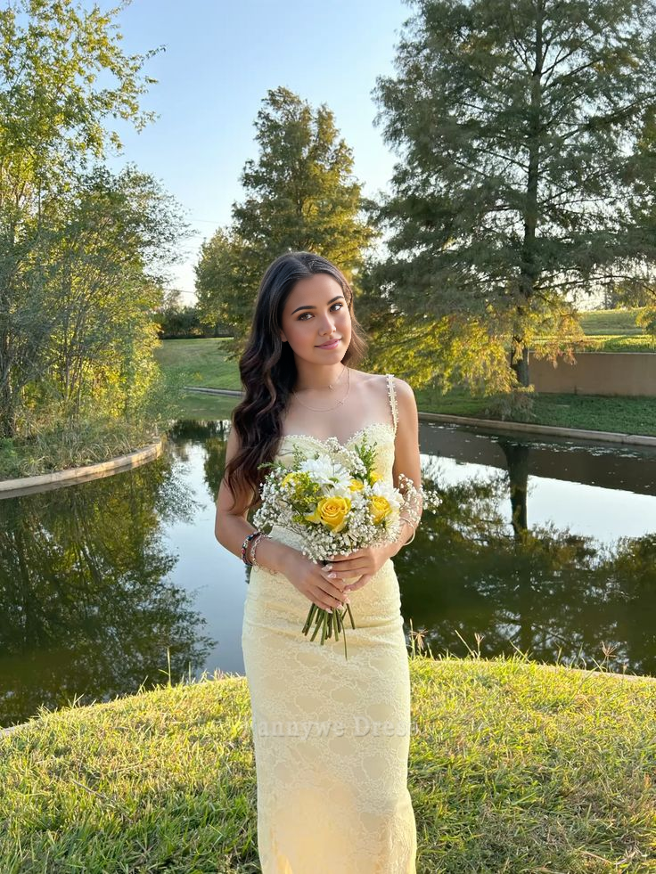 Sheath Spaghetti Straps Lace Light Yellow Long formal dresses Bridesmaid Dresses evening gown Prom Dress