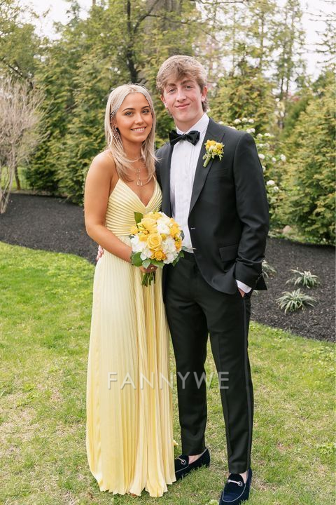 A-Linie V-Ausschnitt Träger Satin Hellgelb Lange Abendkleider Brautjungfernkleider Abendkleid Ballkleid