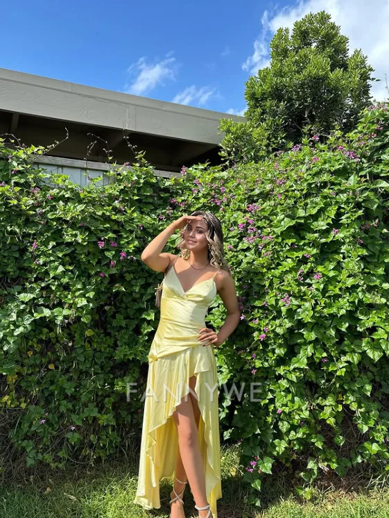 A-line V-Neck Spaghetti Straps High-Low Yellow formal dresses Bridesmaid Dresses evening gown Prom Dress