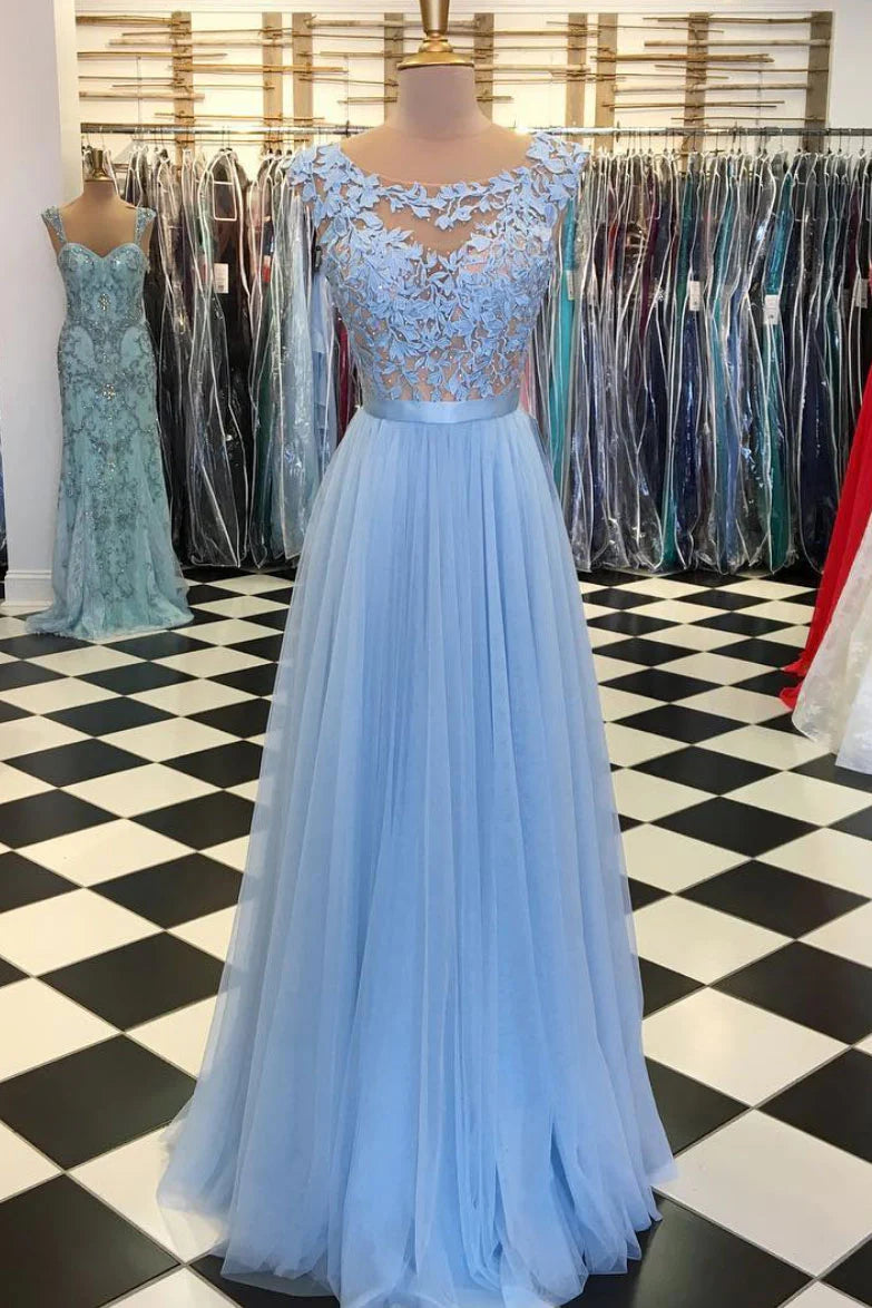 Round neck tulle lace applique long prom dress